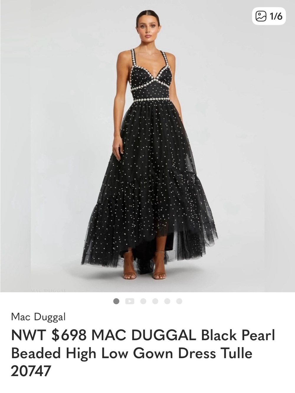 Mac Duggal Black Pearl-Embellished High-Low Tulle Dress